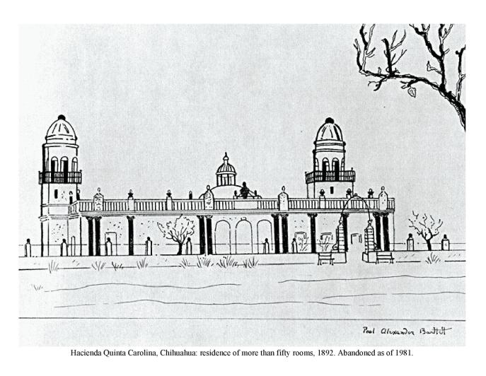 Hacienda Quinta Carolina, Chihuahua: residence of more than fifty rooms, 1892.  Abandoned as of 1981.