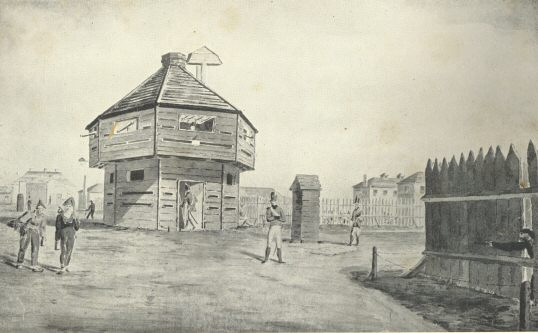 The Block House, Norman Cross Barracks, 1809, where French
Prisoners of War were confined.  Drawn by Captain George Lloyd,
2nd West York Militia, 1809.  Royal United Service Institution,
Whitehall