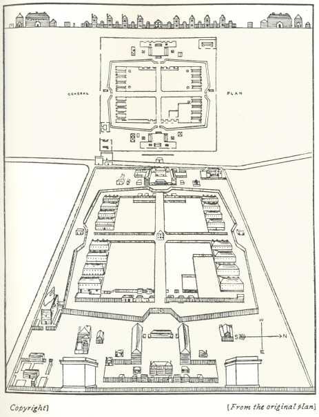 Plan C.—Major Kelly’s Plan of the Depot, 1800 to
1805.  (a) North Elevation.  (b) Ground Plan.  (c) Pictorial Plan
from the East