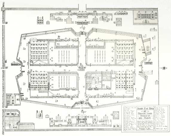 Plan D.—Bird’s-eye View of Norman Cross Barracks and
Prison, East Elevation.  Executed by Lieutenant E. Macgregor,
1813